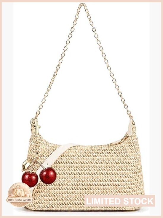 Handbags - Woven Straw Shoulder Bag with Cherry Pendant Summer Beach Hobo Crossbody Purse